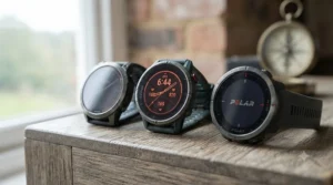 A selection of top-tier sports wearables featuring a Coros running watch on a wooden display surface to compare design profiles.