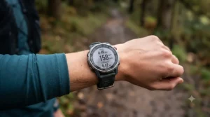 Close-up of a lightweight Coros running watch bezel and silicone strap, highlighting rugged build quality for outdoor endurance training.