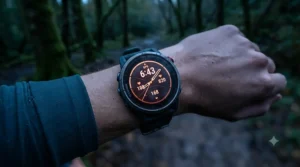 Illuminated Coros running watch face displaying clear metrics in low-light conditions during an evening winter run.