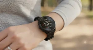 Close-up of a beginner-friendly Garmin watch display showing clear fitness metrics like pace, distance, and heart rate.