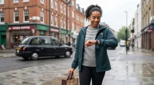 The young woman from the first image walking down a bustling London high street on a rainy day. She wears the dark teal jacket over a grey knitted jumper, black leggings, and trainers. She is checking her fitness band (navy strap) while carrying a fabric Sainsbury's tote bag. In the background is a red brick building, a 'Costa Coffee' sign, and a classic black Hackney Carriage.