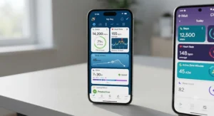 Smartphone screens showing Fitbit app and Garmin Connect training data dashboards.