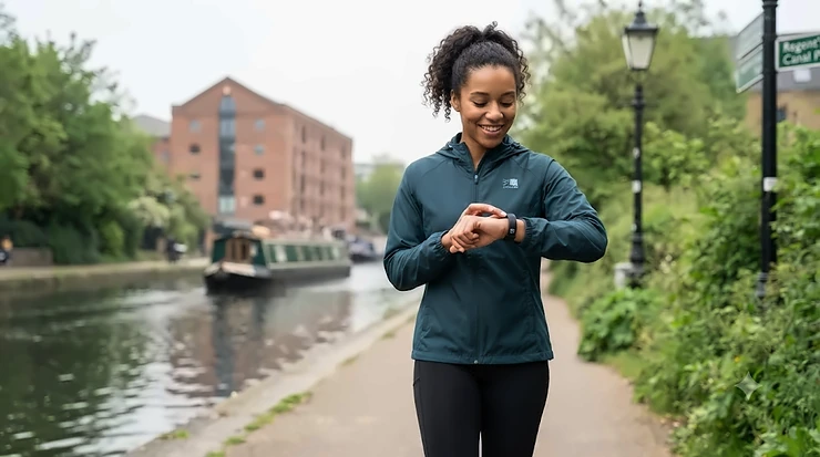 A young woman of mixed heritage, wearing a dark teal Karrimor jacket and a black fitness band, smiles while jogging alongside the Regent's Canal in London. The background features a canal boat and red brick buildings under natural, overcast British daylight. fitness band under £50