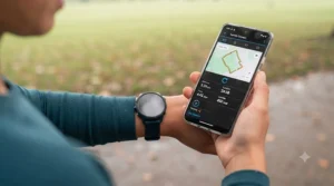 Running watch syncing training statistics wirelessly with a smartphone app