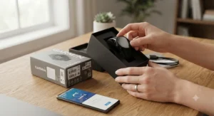 Hands unboxing a new Garmin running watch and setting up the companion smartphone app on a wooden desk.