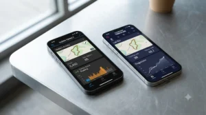 Smartphone screens displaying Garmin Connect and Coros Training Hub apps with running metrics.