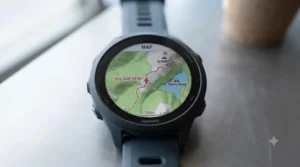 Full-colour topographic offline maps displayed on a Garmin running watch screen during an outdoor hike.