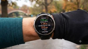 Garmin watch display showing advanced running metrics like cadence and stride length for UK runners.