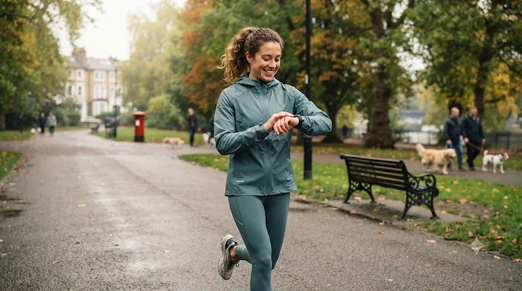 A beginner runner checking their Garmin GPS running watch on a morning jog in a British park, illustrating ease of use. Garmin running watch for beginners