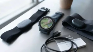 A Garmin running watch paired with a chest strap heart rate monitor and running dynamics pod.