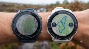 A dual-frequency GPS track map showing watch tracking accuracy across a British trail run.