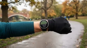 Runner checking route tracking accuracy on a Garmin GPS sports watch during a morning jog in a UK park.