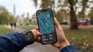 Map interface on an iPhone displaying a recorded running route tracked via Apple Watch GPS.