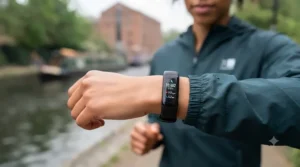 Close-up shot focusing on the wrist of the person from the previous image, wearing the black fitness band. The OLED screen is brightly illuminated, clearly displaying '10,482 STEPS', '112 bpm' heart rate, and '5.2 km' distance. The dark teal jacket cuff with micro-water droplets is visible.