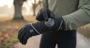 Runner adjusting a running playlist on a digital watch using lightweight autumn touchscreen gloves.