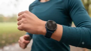 Side view of a lightweight fitness tracker comfortably secured on a runner's wrist