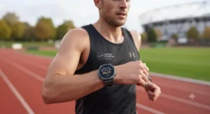 Ergonomic and lightweight running watch strapped to a runner's wrist, designed for comfort during long training miles.