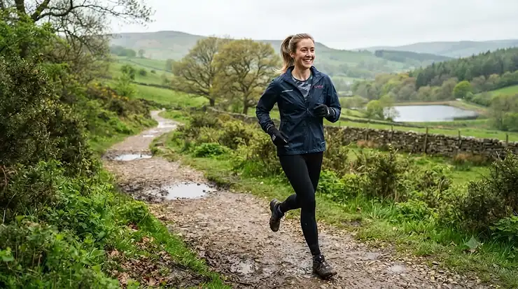 A runner wearing lightweight spring running gloves on a misty morning path in a UK park. lightweight running gloves for spring