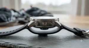 Side profile of a lightweight Suunto running watch demonstrating its slim casing and durable silicone strap.