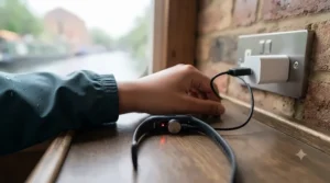 The black fitness band from previous images, removed from the wrist, is lying on a dark wooden narrowboat table. A magnetic USB charging cable is attached to the back. The USB-A end is plugged into a white mains adapter connected to a UK three-pin socket mounted on a brick wall. A red LED indicates charging.