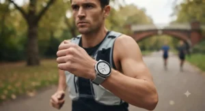 A smartphone displaying advanced marathon training analytics synced wirelessly from a GPS running watch.