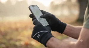 Close-up of a man's hands wearing lightweight thermal touchscreen running gloves with conductive fingertips.