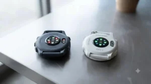 Close-up of the optical heart rate sensors on the rear casing of Garmin and Coros watches.