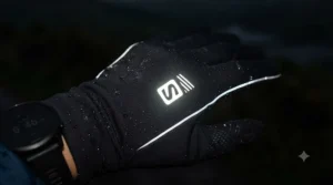 Reflective logo and detailing on lightweight spring running gloves for visibility during early morning and evening runs.