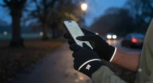 High-visibility reflective touchscreen running gloves illuminated by streetlights for safe night running.