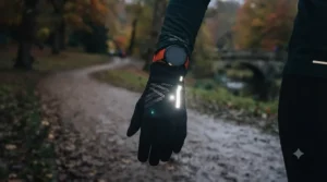 High-visibility reflective strips on budget winter running gloves for dark early morning jogs.