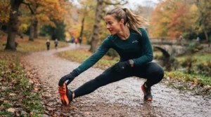 A runner stretching outdoors on a chilly autumn day while wearing thermal running gloves.