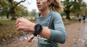 A marathon runner viewing real-time pace and split times on a sports watch interface.