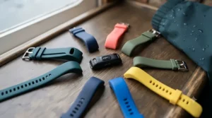 A neatly arranged flat lay composition on a weathered wooden narrowboat table, showing the central black tracker module surrounded by a fan of various coloured silicone straps: dark teal, navy blue, coral pink, olive green, and yellow. The edge of the dark teal Karrimor jacket cuff with water droplets is visible.