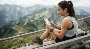A runner wearing a Suunto running watch while checking post-run recovery metrics on the companion app.