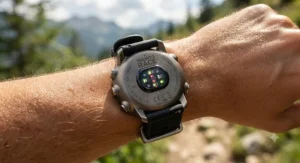 Optical heart rate sensor on the back casing of a Suunto running watch during active training.