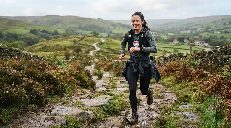 A Suunto running watch displaying GPS tracking data on a wrist against a British trail running backdrop. Suunto running watch