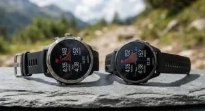 Two sports wearables side-by-side featuring a Suunto running watch and another brand for size comparison.