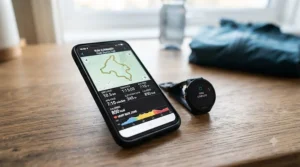 A mobile smartphone displaying post-run fitness statistics and route data synced wirelessly from a budget sports watch.