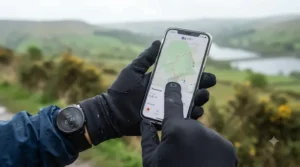 A runner using a smartphone while wearing touchscreen-friendly lightweight running gloves during a crisp morning jog.
