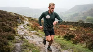 A trail runner using a cost-effective GPS watch for navigation on a muddy British countryside footpath.