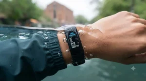 A detailed shot of the wrist and black fitness band from the first image, submerged in the clear, slightly turbulent water of a Regent's Canal leisure centre pool. Water beads cling to the device and the submerged dark teal jacket cuff. The screen shows a swim tracking interface with 'LAPS: 12'.