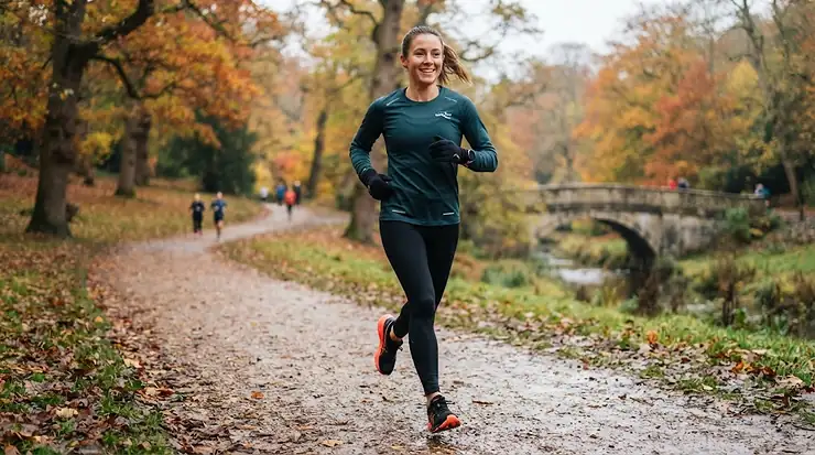 A runner wearing thermal winter running gloves under £20 on a frosty morning in a British park. winter running gloves under £20
