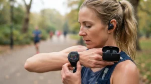Checking the battery life on bone conduction headphones for running before an evening jog