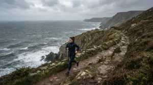 Enjoying open-ear technology with bone conduction headphones for running along a rugged coastline