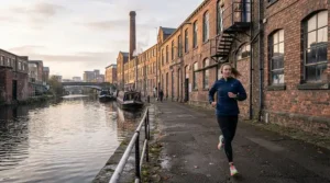 Fitness enthusiast reviewing bone conduction vs wireless earbuds for running by a Manchester canal