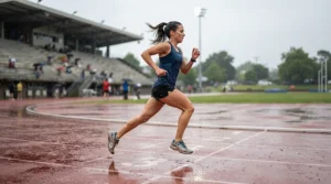 Runner testing bone conduction vs wireless earbuds for running on a wet park running track