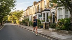 Runner comparing bone conduction vs wireless earbuds for running in a quiet British suburb