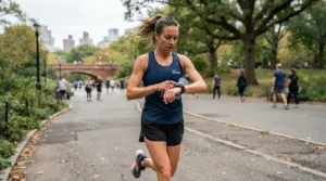 Marathon runner monitoring heart rate zones using a chest strap vs wrist heart rate monitor