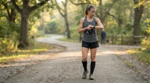 Runner analysing chest strap vs wrist heart rate monitor data for accuracy during a park session