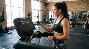 Runner syncing a heart rate monitor for running via ANT plus during a gym workout